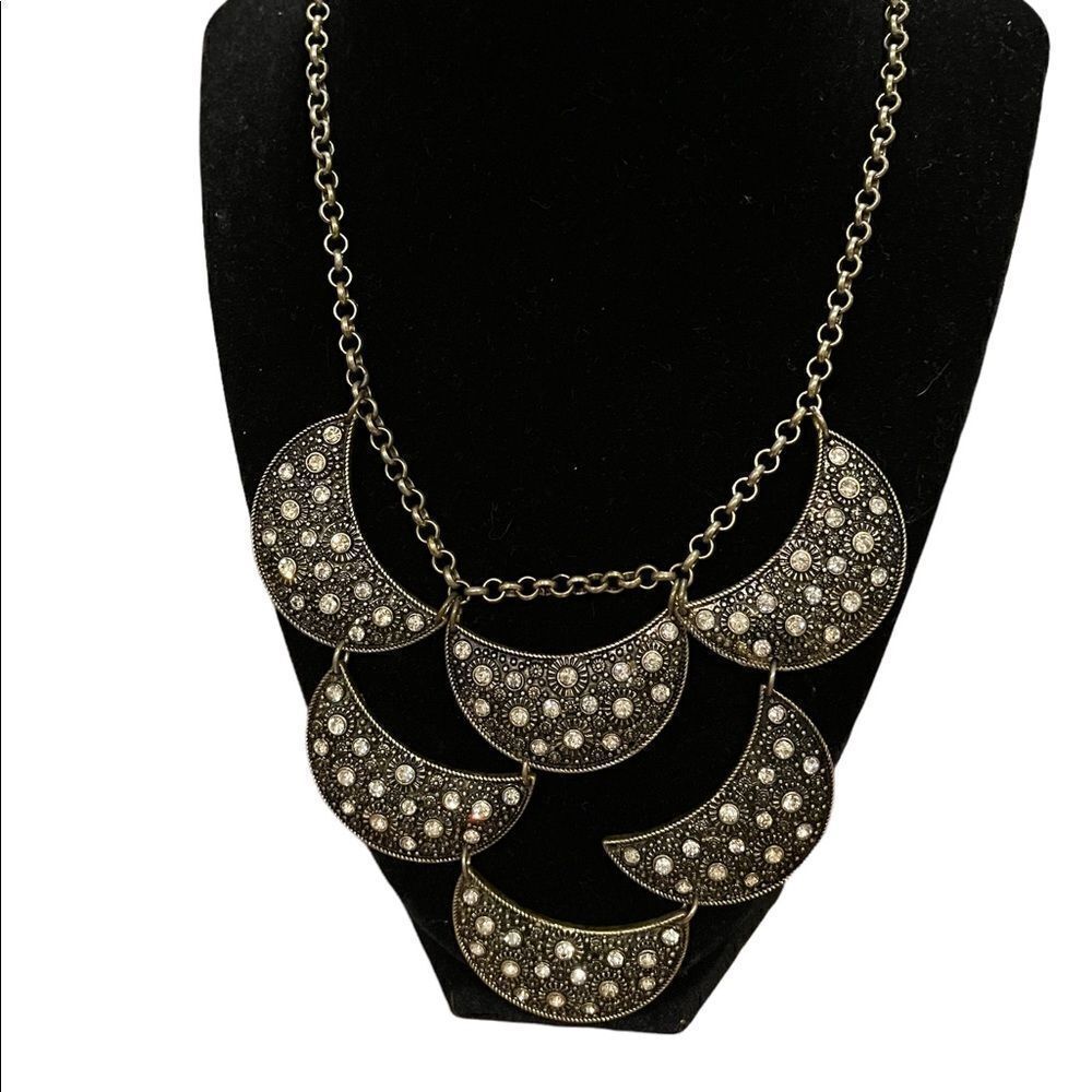 Dark brass half moon encrusted designs necklace